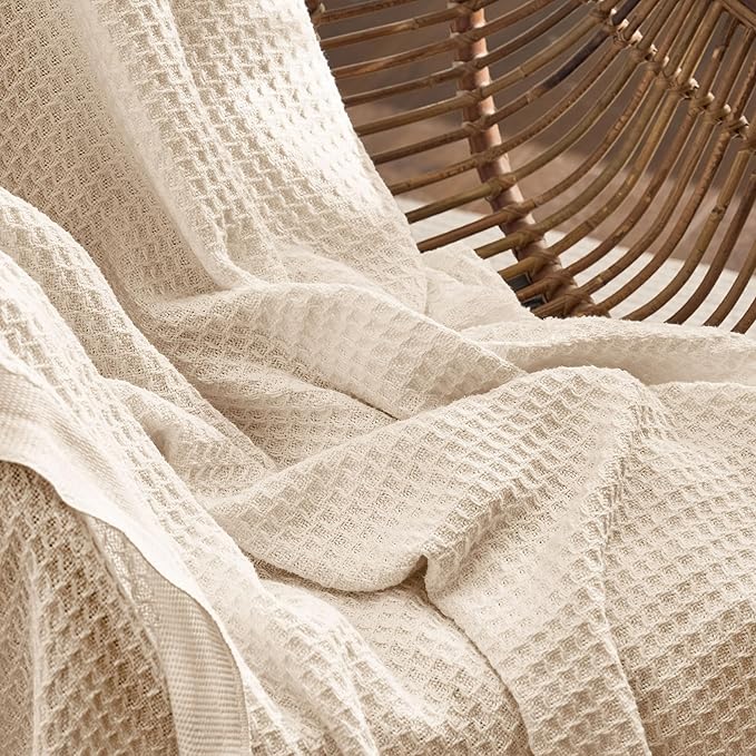 Bedsure 100% Cotton Blanket King Size for Bed - Breathable and Soft, Waffle Weave Blanket for Summer Spring, Beige, 104x90 inches