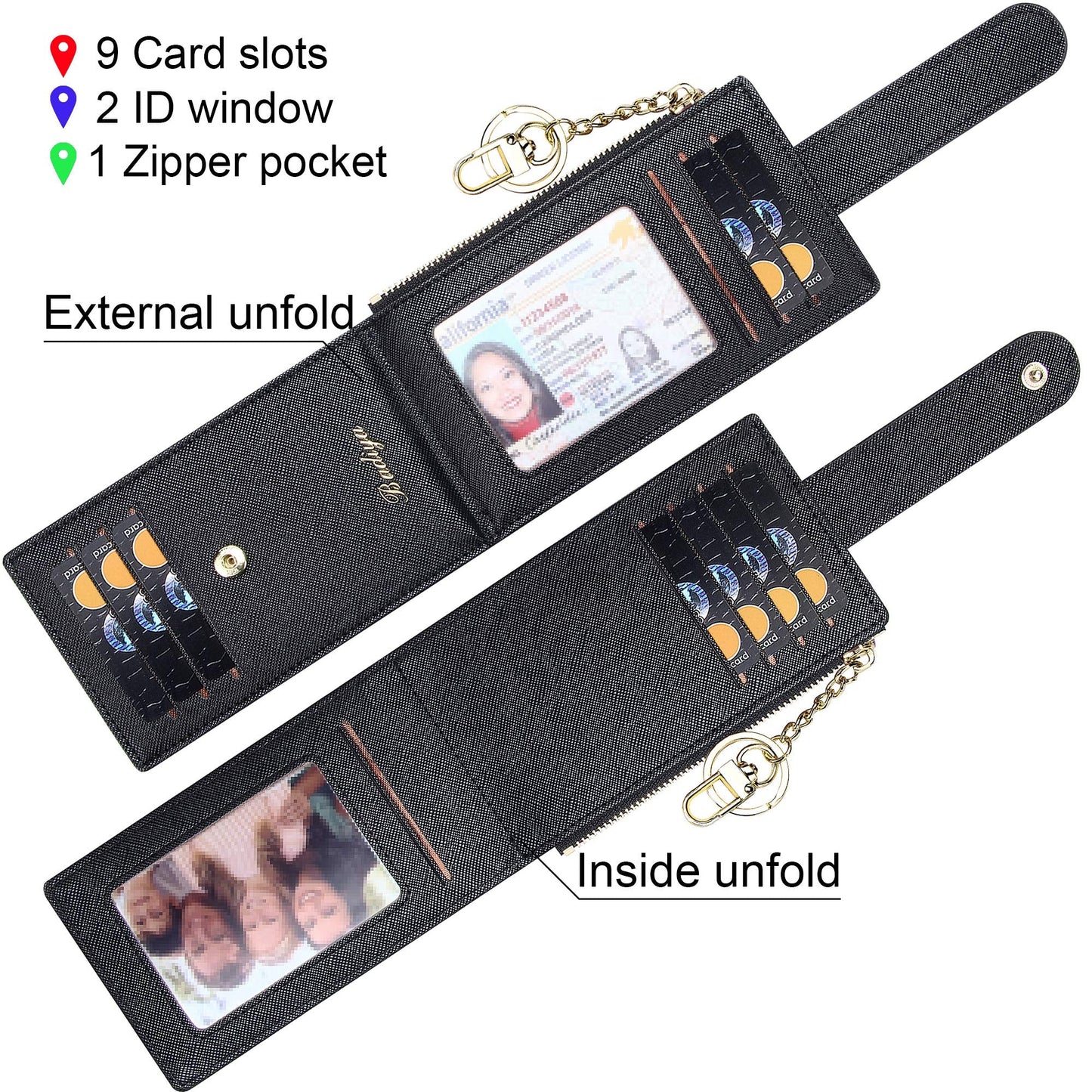 Badiya Slim Women Wallet RFID Blocking Bifold Compact 9 Card Slots Holder Wallets Soft Leather with Zipper Coin Pocket 2 ID Window