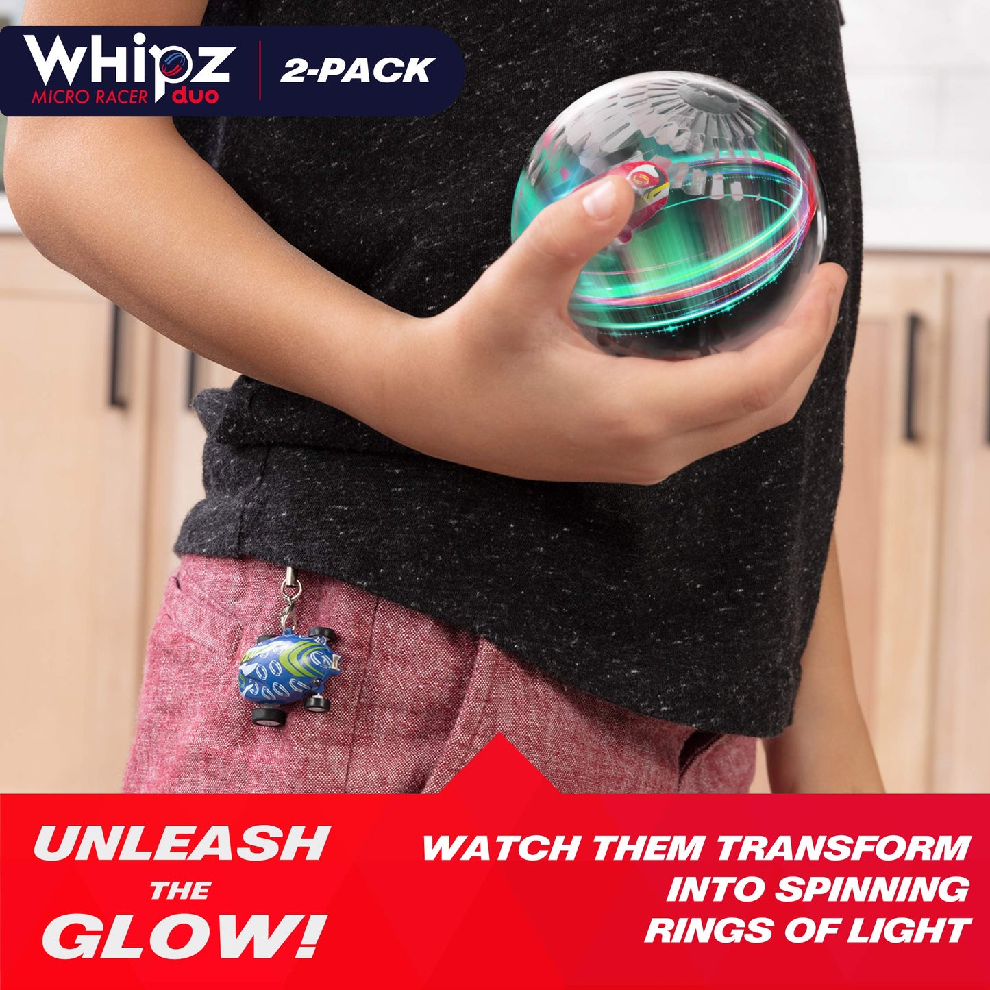 USA Toyz Whipz Duo Micro Racers Toy Cars for Kids - 2pk Mini Keychain, Glow in The Dark LED Fast Pocket Racers Fidget Toys, 2 Mini Cars with 2 Racing Stunt Balls, 2 Clips, and 2 USB Chargers