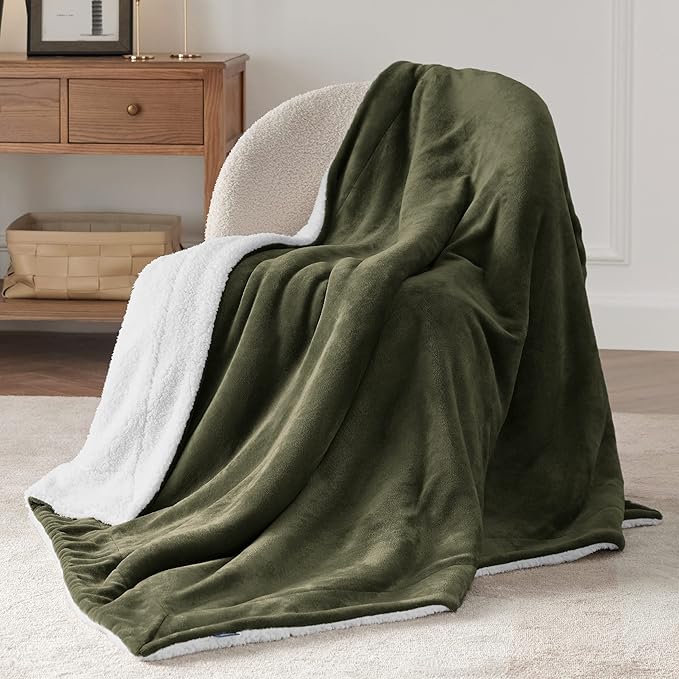 Bedsure Sherpa Fleece Throw Blanket for Couch - Thick and Warm, Soft Fuzzy Plush Throw Blanket for Winter, Olive Green, 50x60 Inches