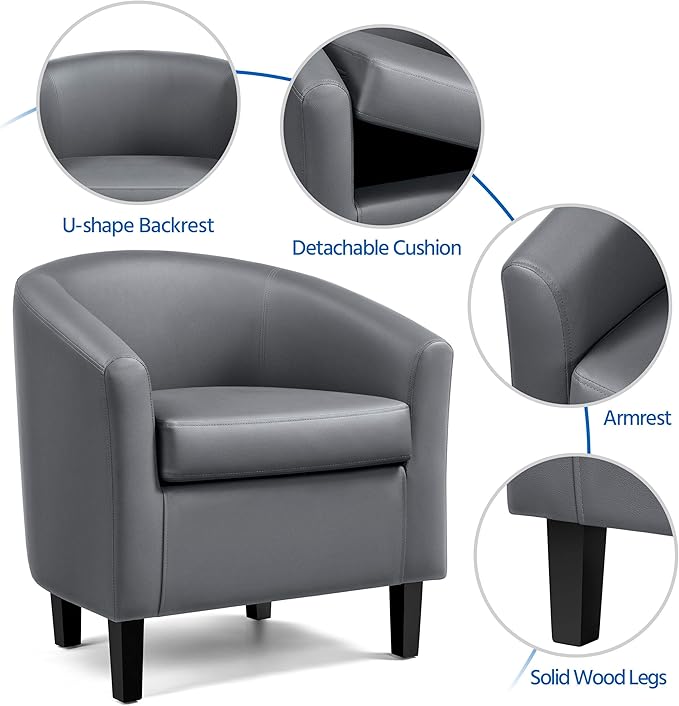 Yaheetech PU Leather Barrel Chair, Modern Accent Chair with Wood Sturdy Legs, Faux Leather Club Chair Comfy Armchair Modern Tub Chair for for Living Room Bedroom Waiting Room, Gray
