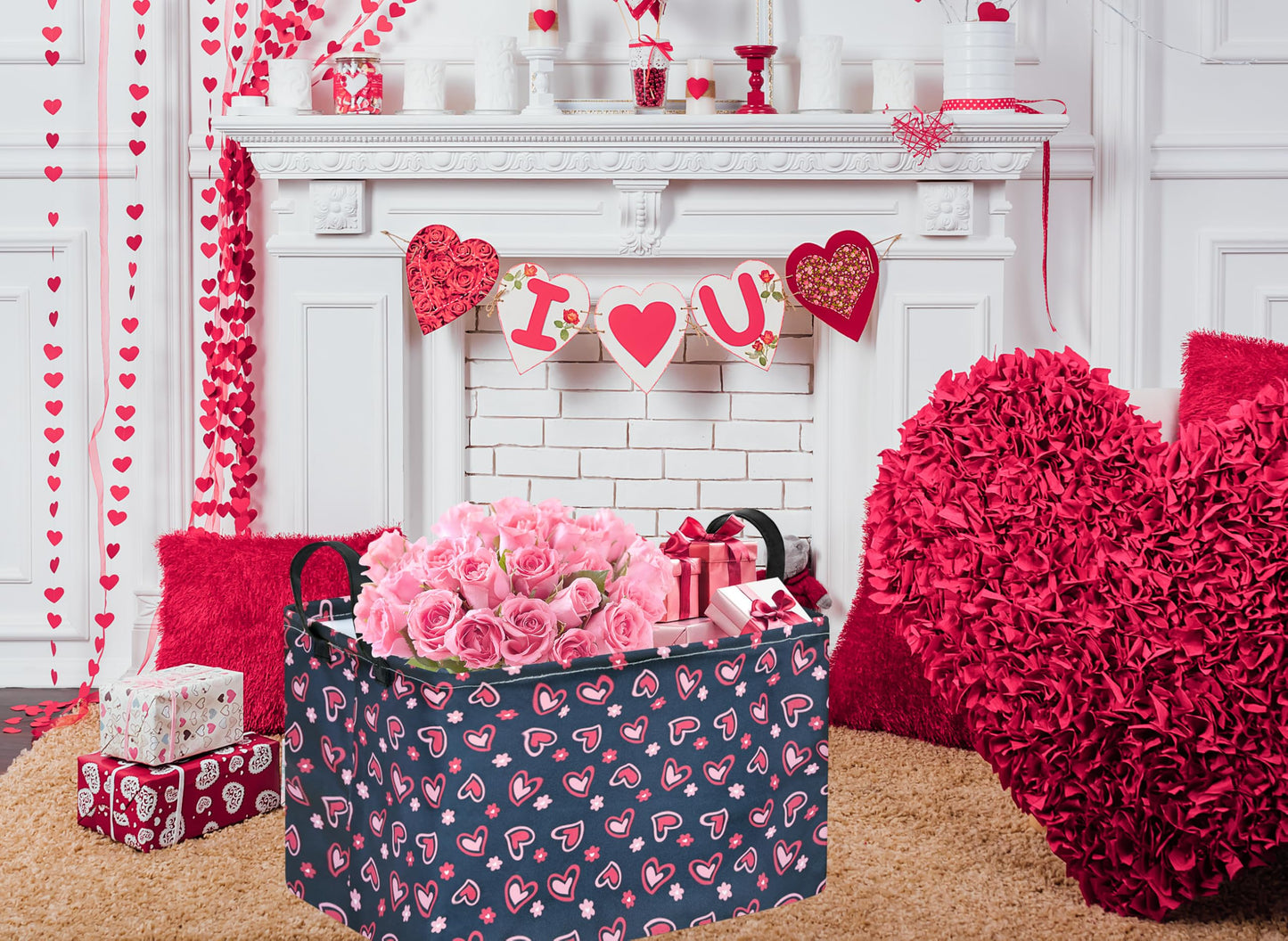 VAIVUSTO Rec Heart Print Box Hamper Storage Basket Collapsible Organizer Bin Gift Shelf Baskets for Home and Kitchen Storage