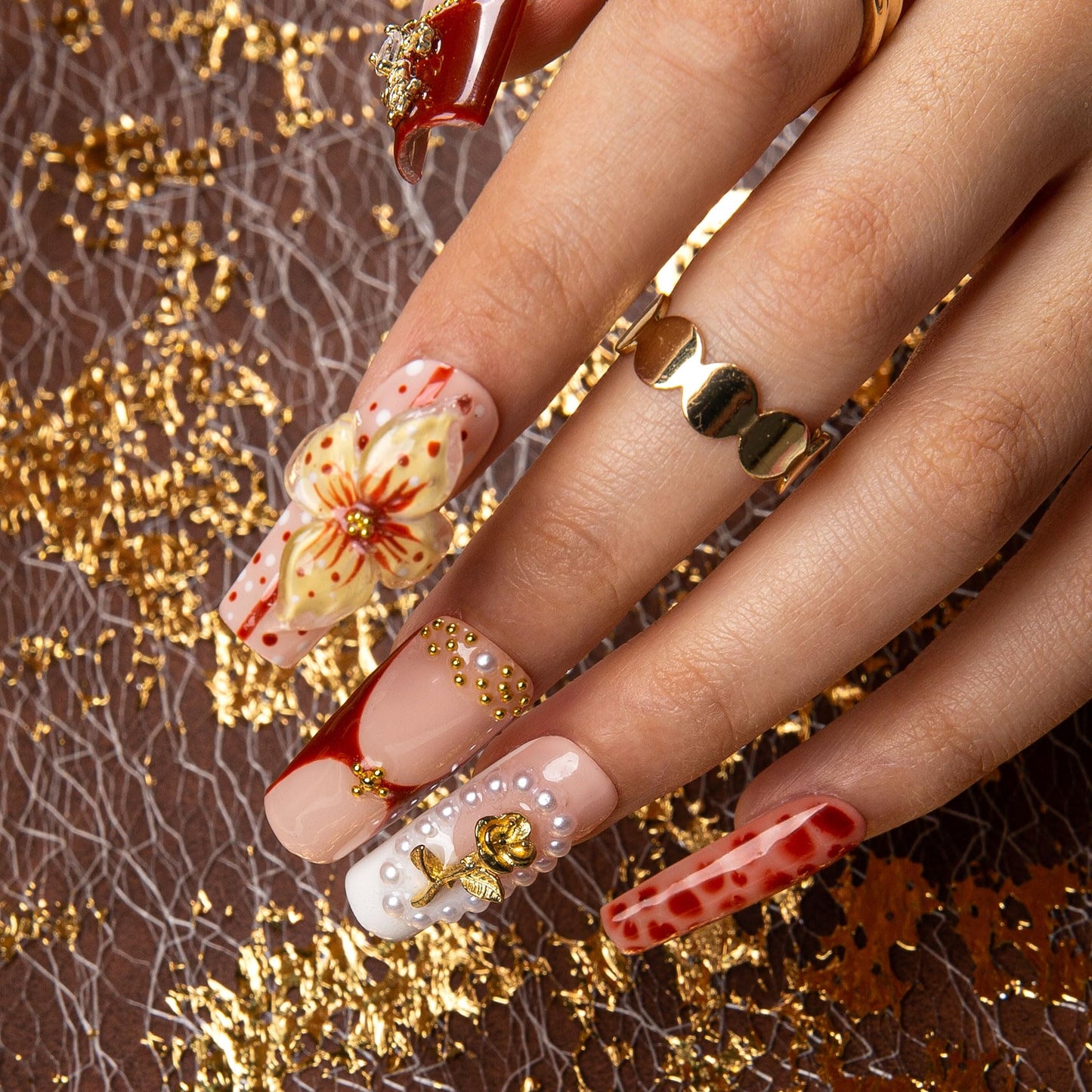 LOVFUL Press on Nails Vintage Boho Chic | Handmade with Full Covered Crystals | Reusable Full Cover Nails | Square Classic Regular 1.3 in | H365-M
