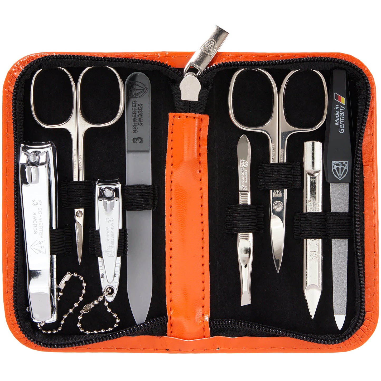 3 Swords Germany - brand quality 8 piece manicure pedicure grooming kit set synthetic leather case orange - Made in Germany