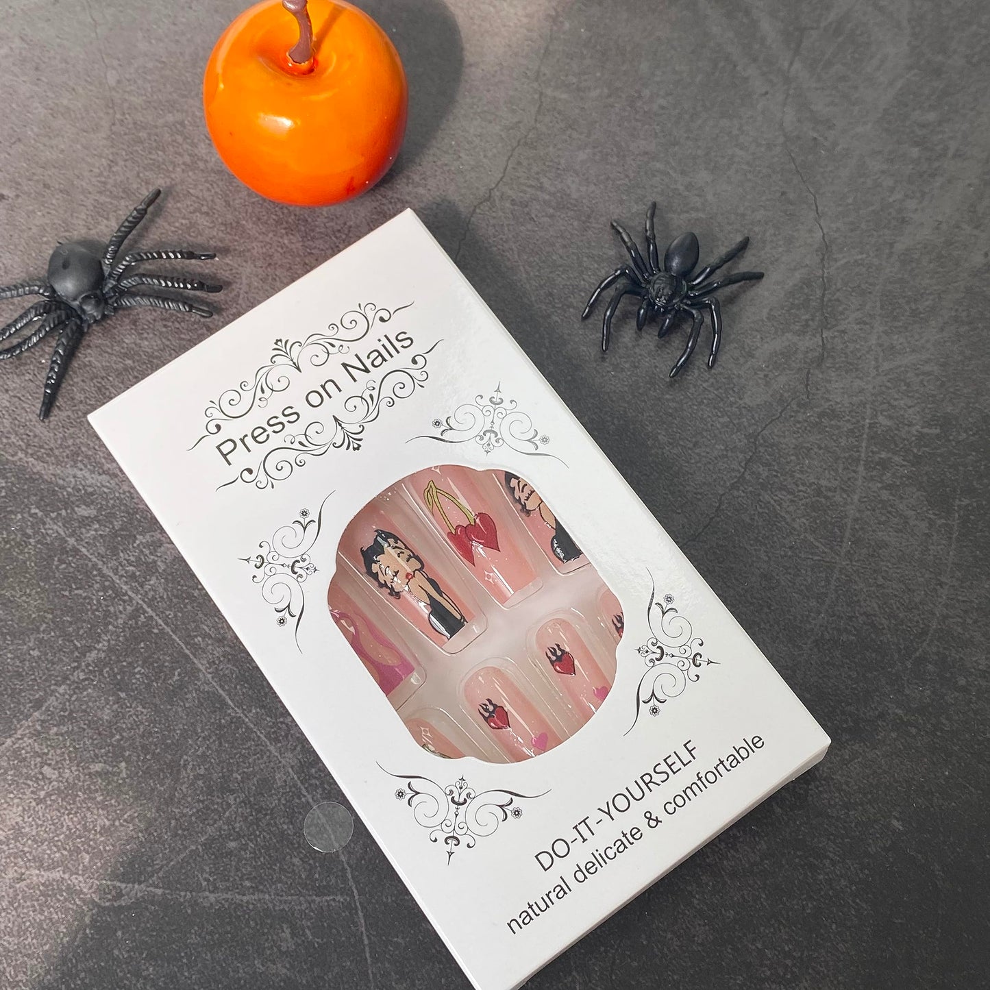 Halloween Press-On Nails Long with Cherry Flame Heart Designs - Nude Acrylic False Nails - 24pcs
