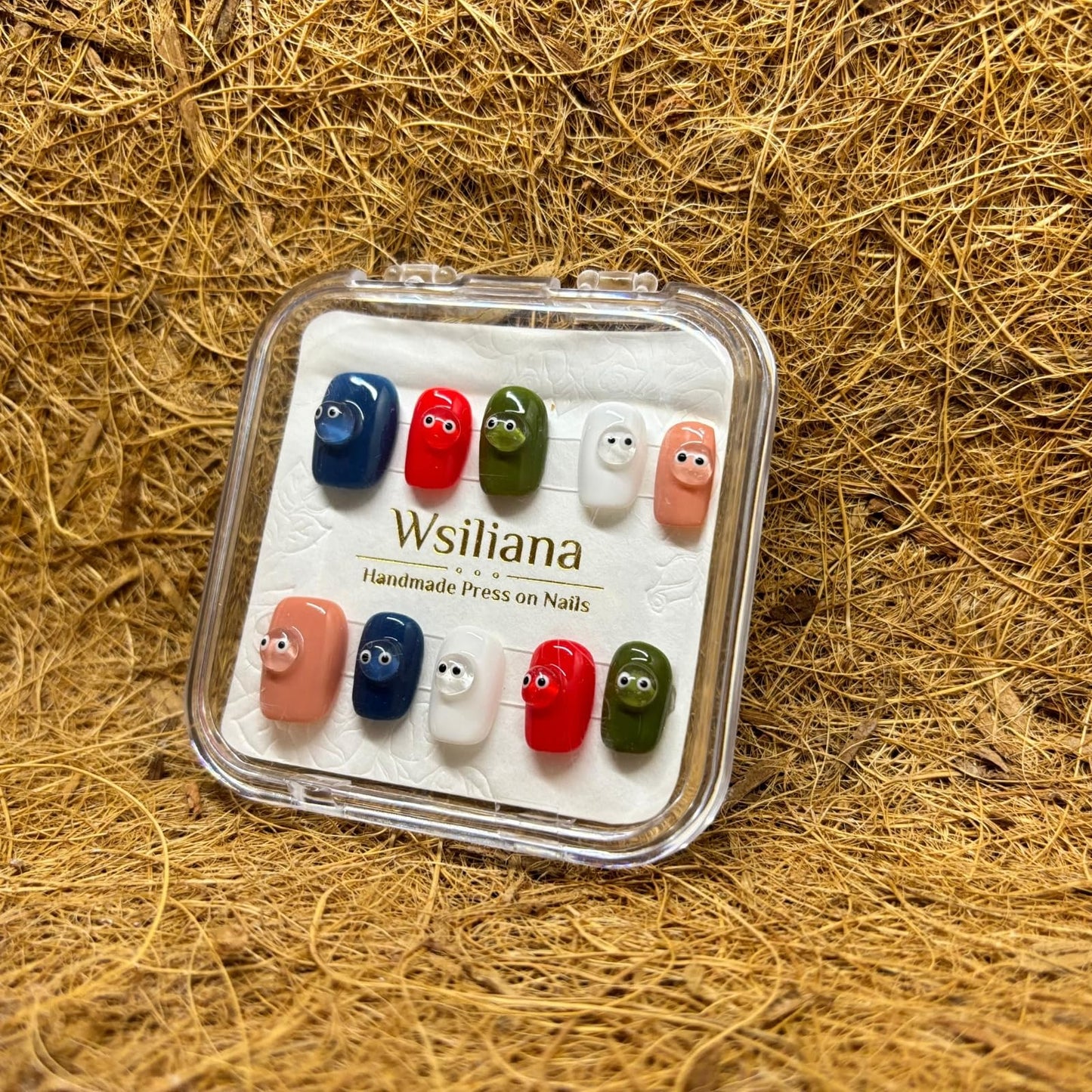 Wsiliana Handmade Fake Nails Press On Nails Medium Short Coffin Pink Tip 3D Design Art Charms Cute with Storage Box 10 Pcs (024, L)
