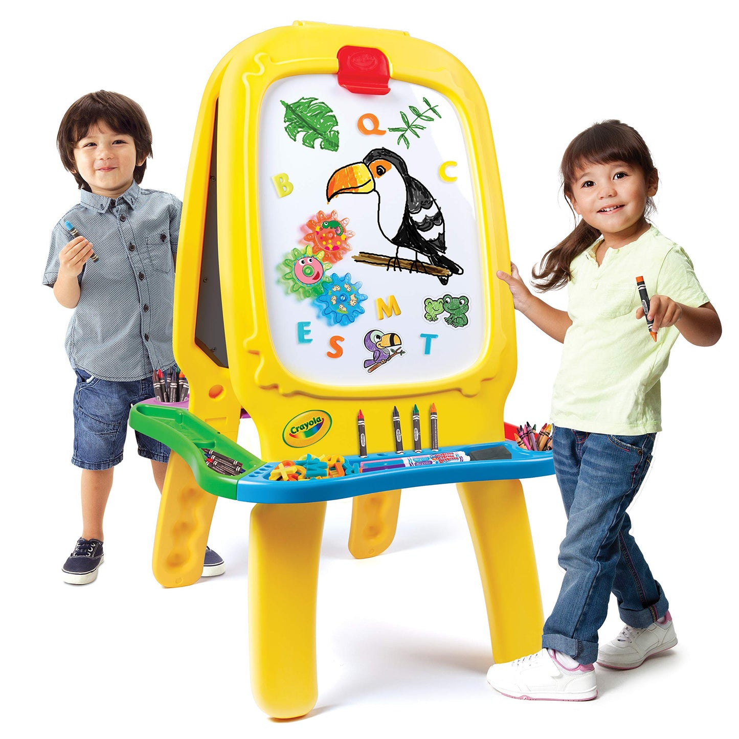 Crayola Deluxe Magnetic Double-Sided Easel – Extra Large Magnetic Dry Erase & Chalkboard – Adjustable Height Art Station with 4 Storage Bins & Paper Roll – Includes Magnets & Gears