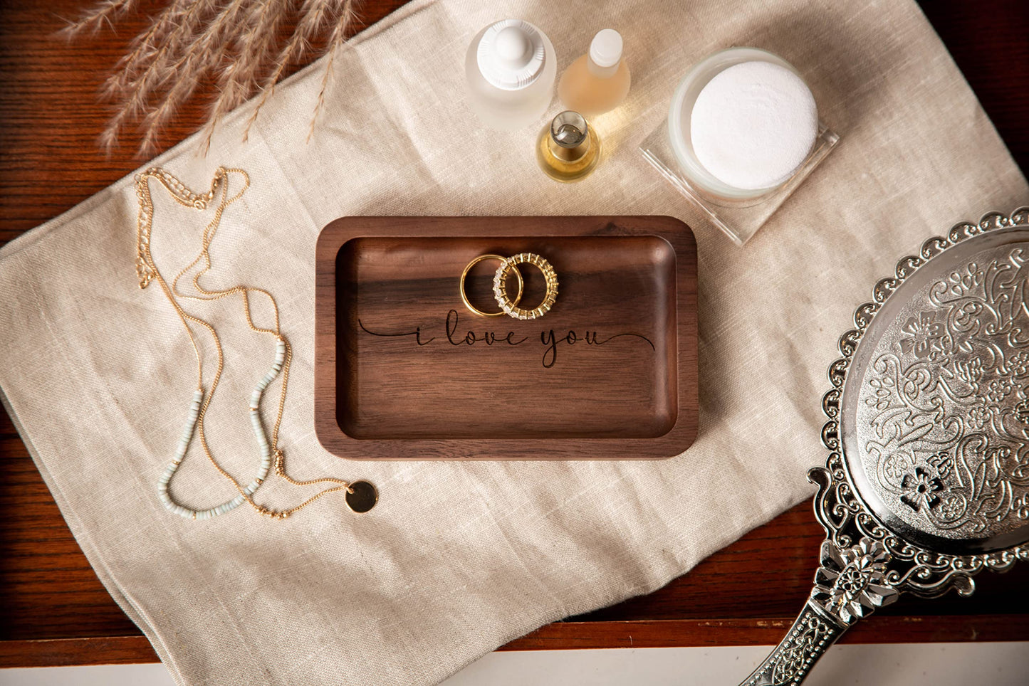 MUUJEE I love you Ring Dish - Engraved Rectangle Wood Tray Small Jewelry Dish 5 Year Wedding Anniv Gifts Ideas - 5.5" x 3.5" (I Love You)
