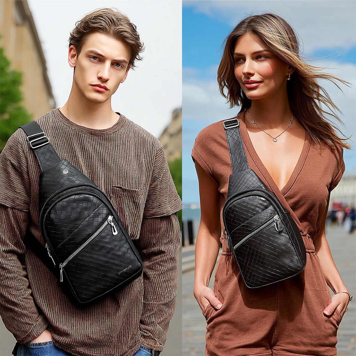 2 Pack Sling Bag Set, PU Leather Sling Bag with Classic Wallet, Multi-Zipper Design for Travel, Outdoors