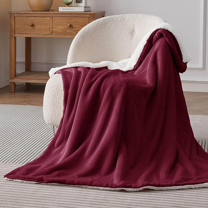 Bedsure Sherpa Fleece Throw Blanket for Couch - Thick and Warm, Soft Fuzzy Plush Throw Blanket for Winter, Winery Red, 50x60 Inches