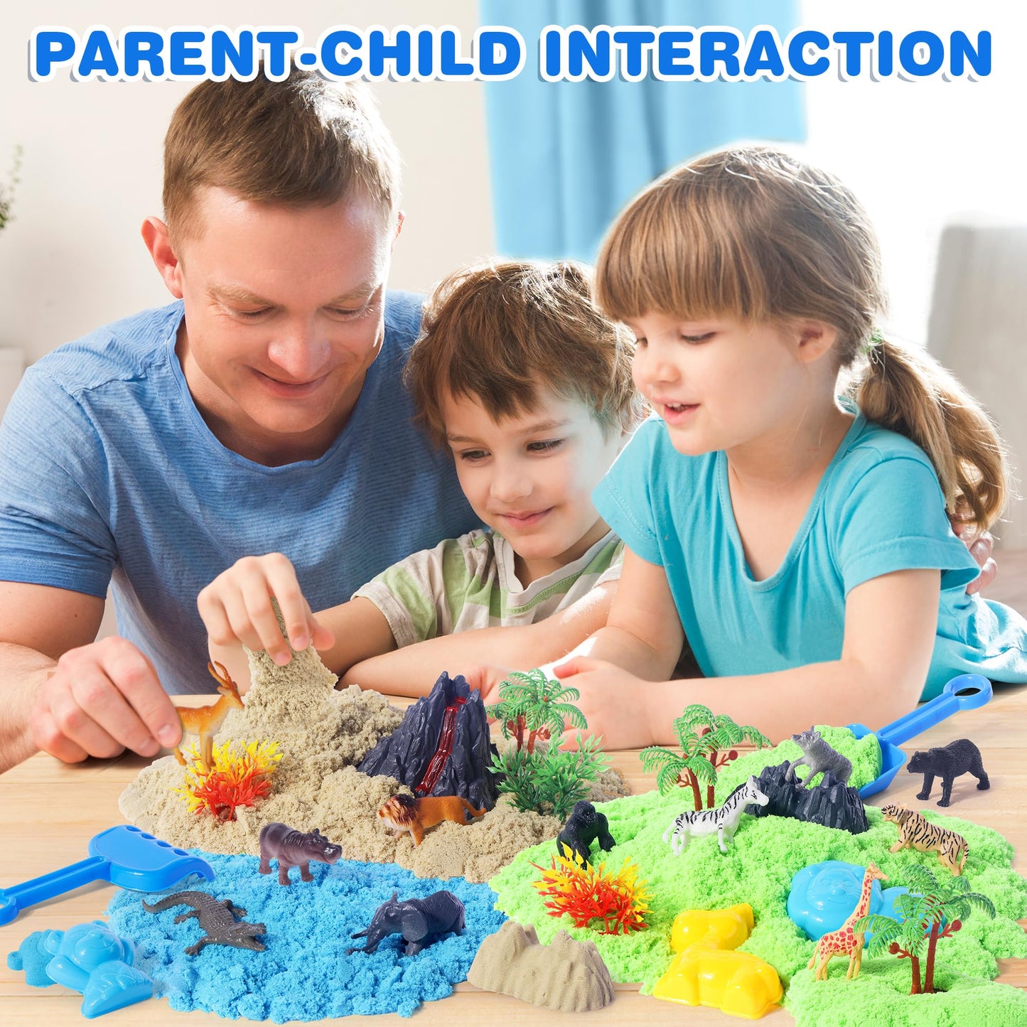 Billeeit Animal Sensory Bin Sand Toy, Play Sand Kit w/lid and 2.2lbs Moldable Sensory Sand, Molds, Tools, Map Set 35pcs Total, Fun Gifts for Kids 3+