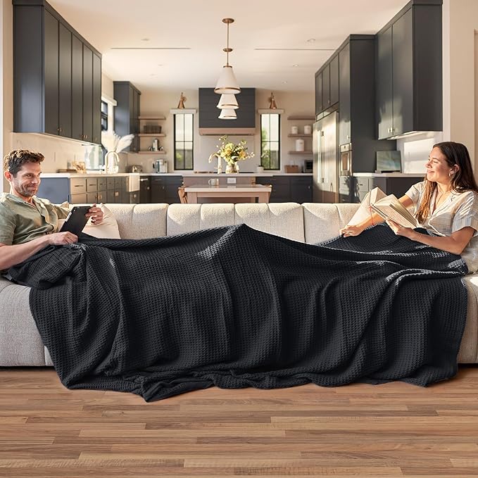Bedsure 100% Cotton Blanket Queen Size for Bed - Breathable and Soft, Waffle Weave Blanket for Summer Spring, Black, 90x90 Inches