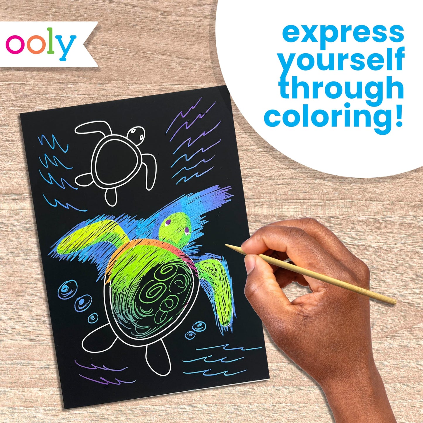 Ooly Scratch & Scribble 10pc Art Kit with 8 Total Scratch Cards (4 Illustrated, 2 Blank, 2 Rainbow) with Scratching Tool and Sparkled Stickers, Art Set Gifts for Kids - Ocean Life