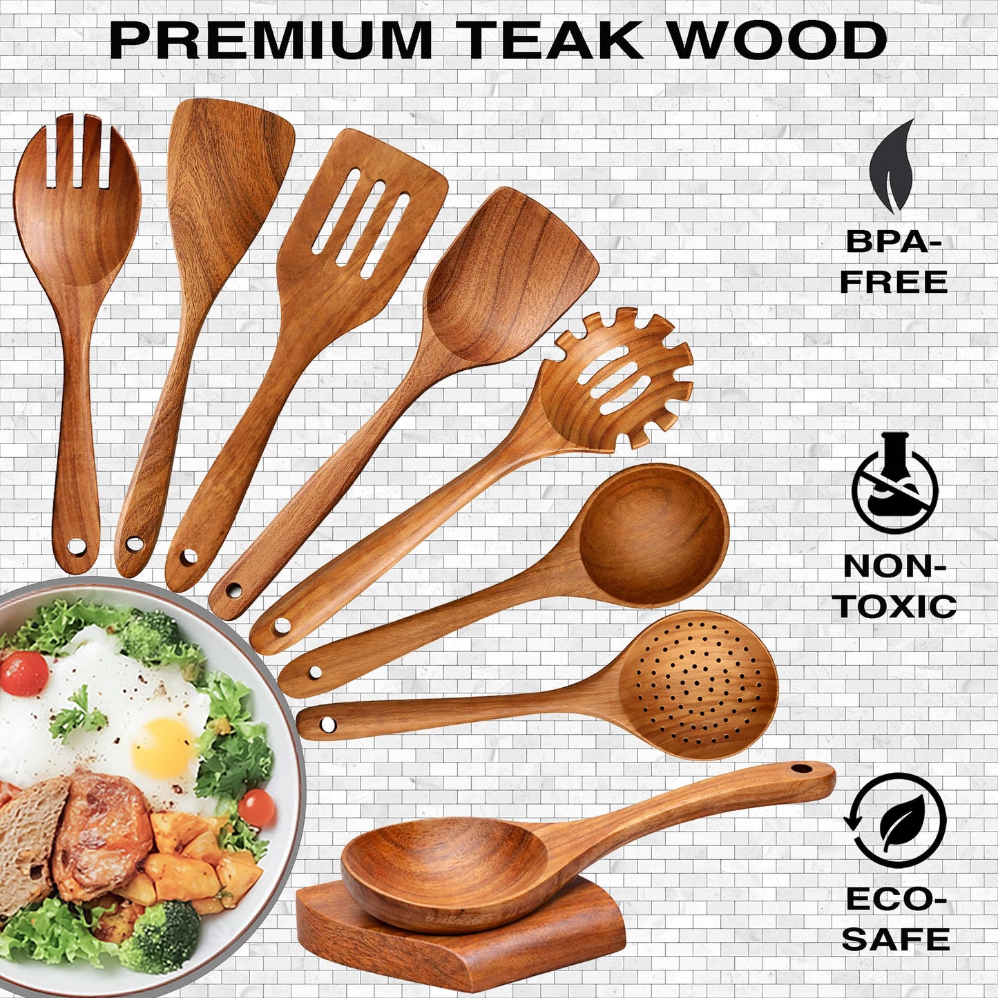 9-Piece Teak Wooden Utensil Set – Wooden Spoons for Cooking with Spoon Rest, Wooden Spatula, and Non Toxic Cooking Utensils – Premium Kitchen Utensils Set for Daily Use