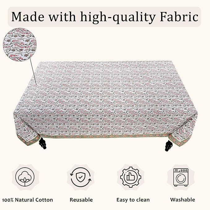 Ridhi Hand Block Print Coral Pink Rectangle Cotton Tablecloth 108" x 60" Reusable Table Cover Decorative Everyday Use for Dining, Farmhouse, Home Gift for Spring, Easter, Valentine