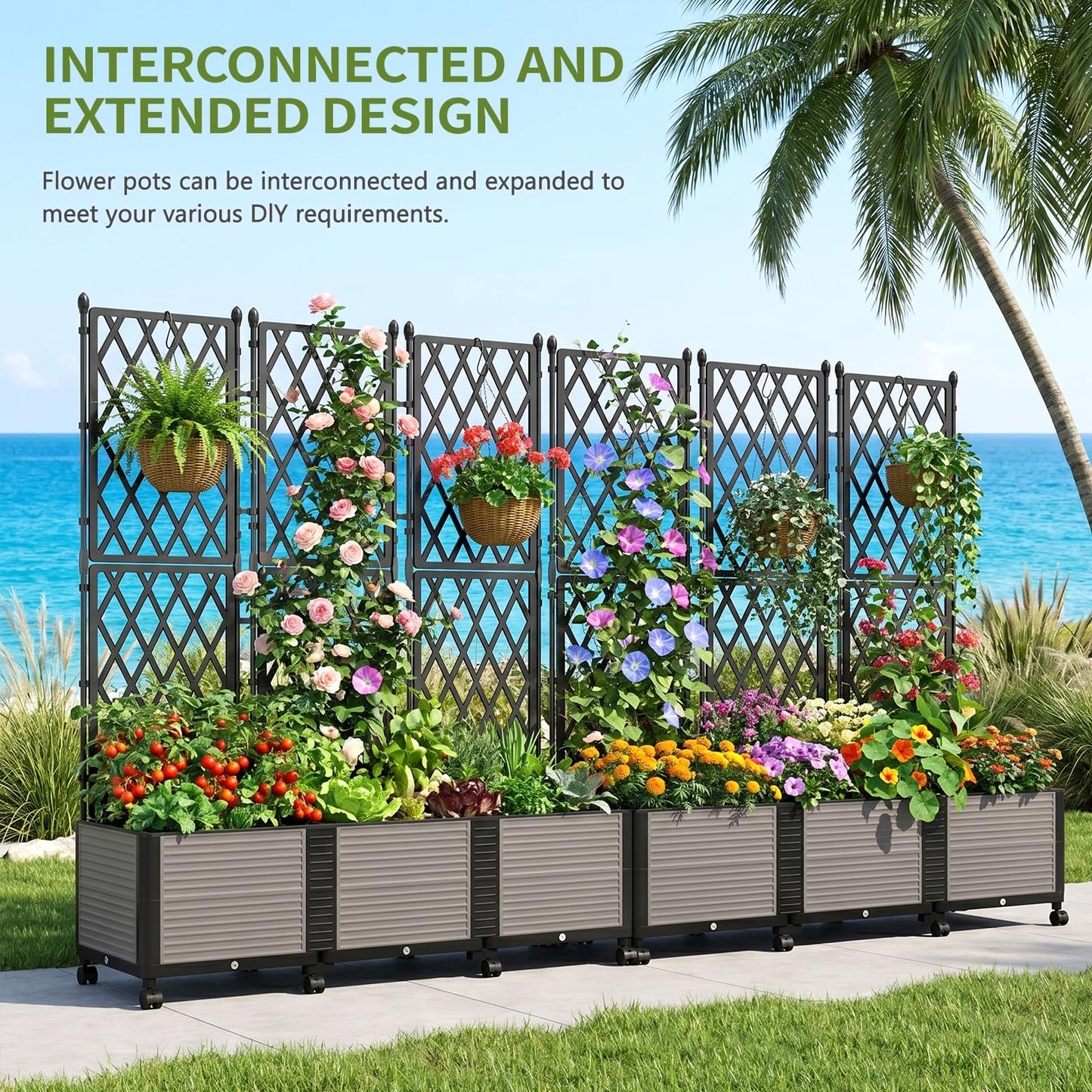 UrGROWA Raised Garden Bed Planter Box with Trellis, 63''H Tomato Planters for Climbing Plants Vegetable Vine Flowers Outdoor Patio Tomato Cage, Self Watering Planter with Wheels