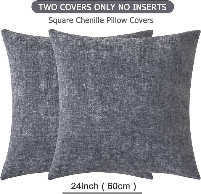GAWAMAY Decorative Chenille Throw Pillow Covers 24x24 Inch Pack of 2, Soft Square Couch Pillow Cover for Sofa Cushion Living Room Bedroom Solid Dyed Pillowcases Grey 60x60cm (ONLY Covers)