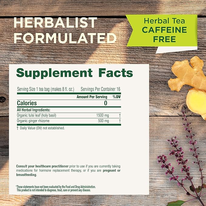 Traditional Medicinals Tea, Organic Tulsi & Ginger, Relieves Stress, Tension, & Irritability, 96 Tea Bags (6 Pack)