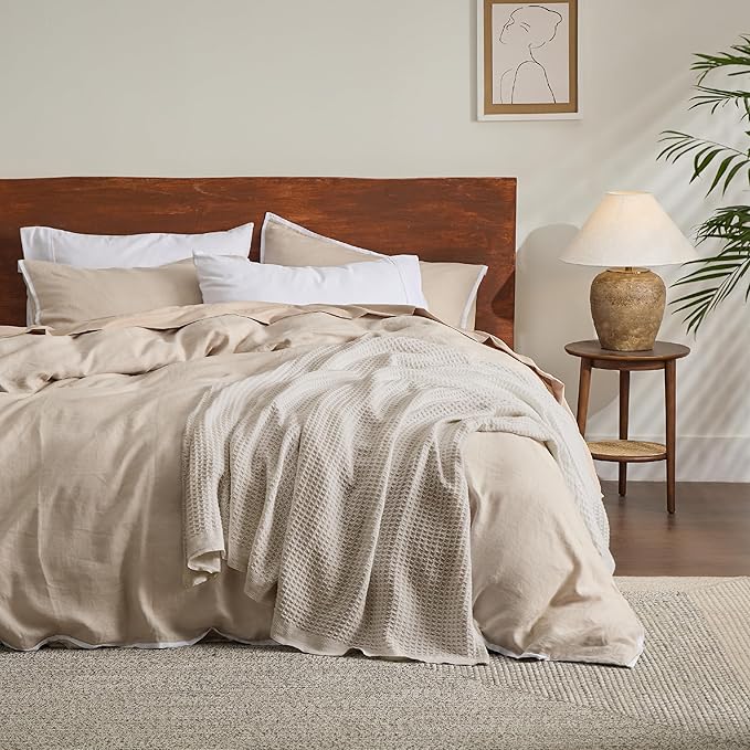 Bedsure 100% Cotton Large Throw Blanket for Couch 50x70 inches - Breathable and Soft, Waffle Weave Throw Blanket for Office, Light Beige