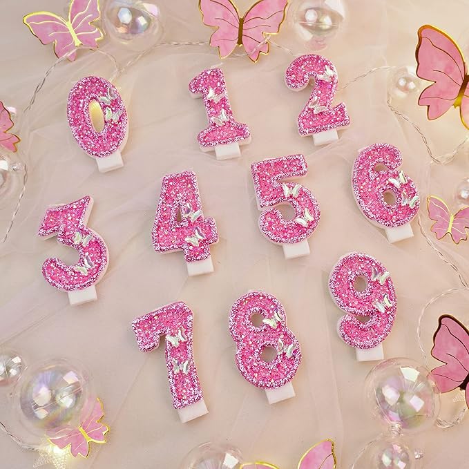 Saododku Birthday Candles, Number Candles for Birthday Cakes with Butterfly, Pink Birthday Candles Sparklers, 3.2" Cake Candles for Cake Topper Decoration, Party/Festival Celebration(Number 0)