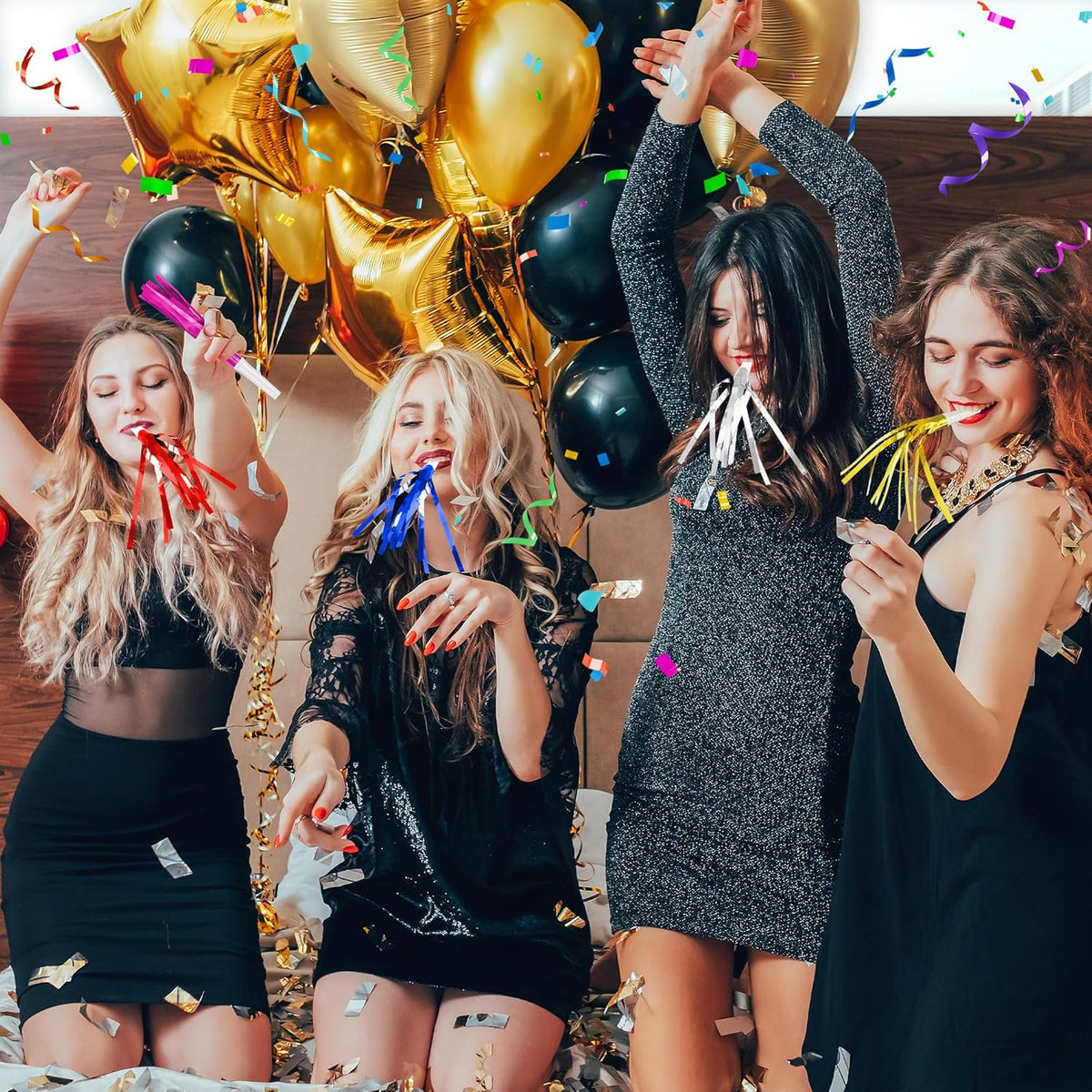 12 Pcs Glitter Noise Makers Metallic Fringed Party Blower for Adults Birthday Graduation New Years Party Favors Supplies (Blue)