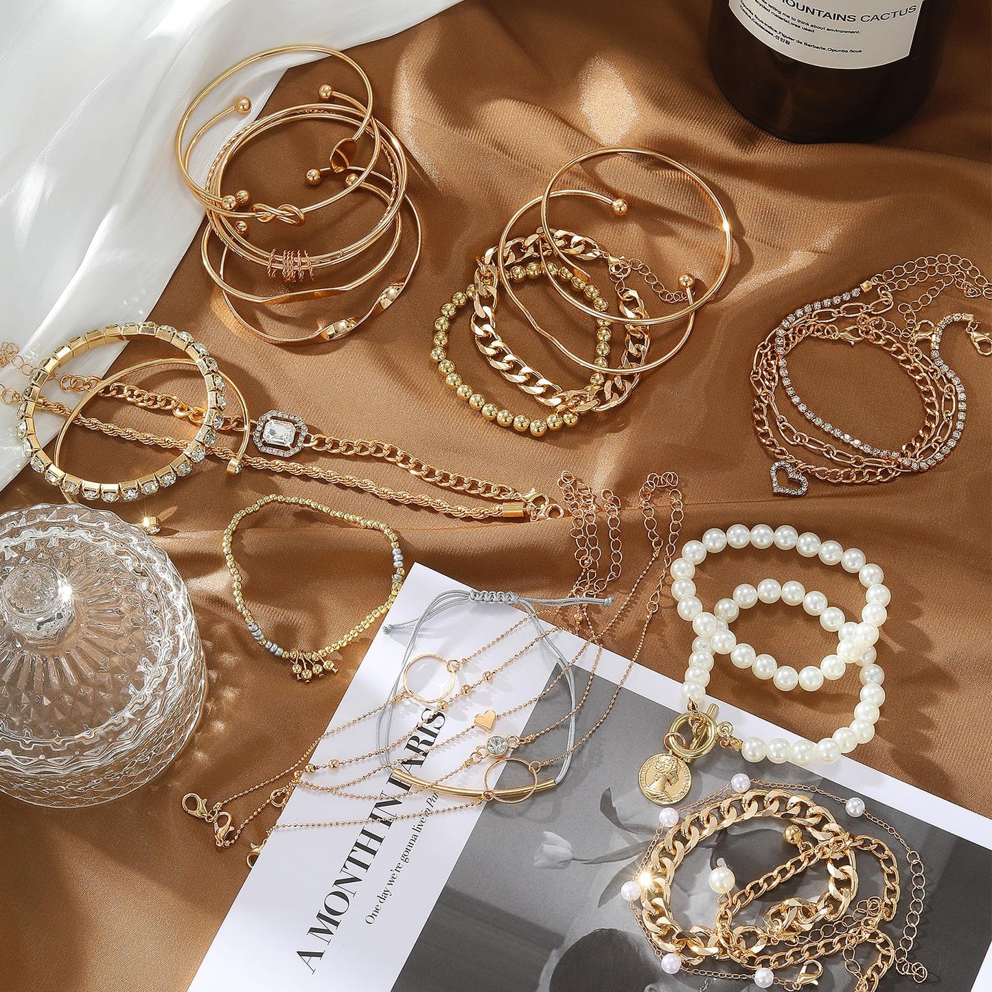 IFKM 6 Pack (27 Pcs) 14K Gold Plated Stackable Open Cuff Bangle Chain Bracelets Set for Women