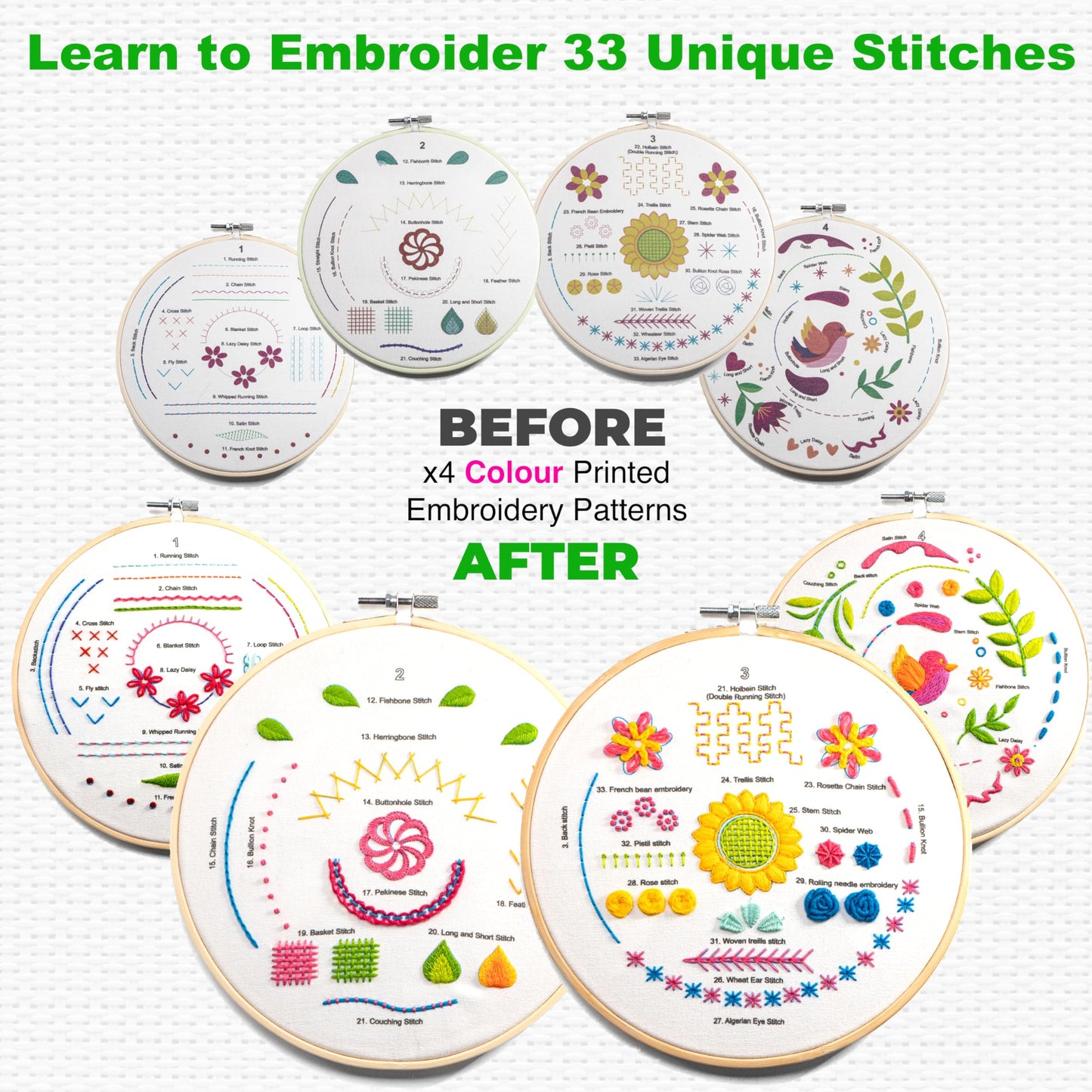 Azenera Beginner Embroidery Kit (4 Pack) Learn 33 Stitches with Easy DIY Video Tutorials, Coloured Design Patterns, Thread Floss, Cross Stitch Hoop, Gift (AZA100)