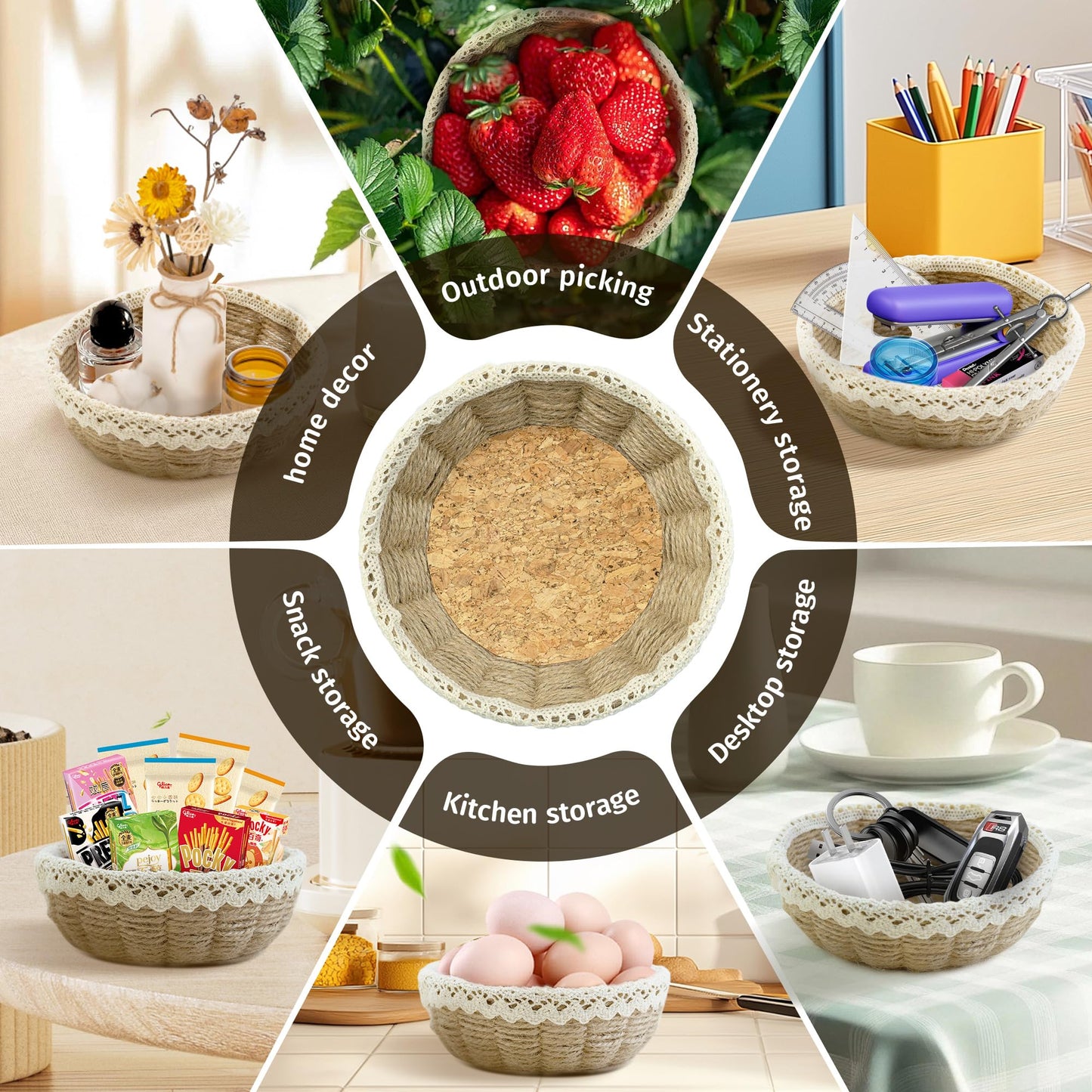AOUXSEEM 8 Sets Basket Weaving Craft Kit for Beginners,DIY Burlap Style Desk Storage Small Parts Candy Cookies Bowls,8 inches Plastic Base and 109yd Jute Twine and Cork Linings & Lace