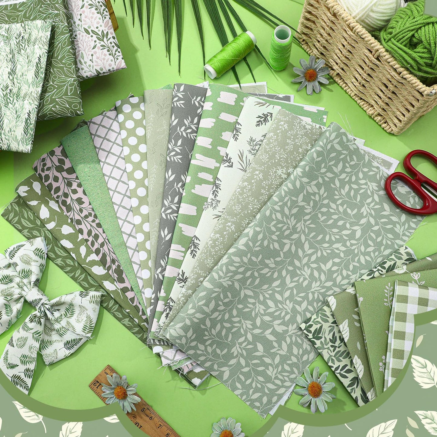 Ganeen 60 Pcs 10 x 10 Inch Sage Green Quilting Fabric Square Greenery Precuts Quilted Fabric Bundle Gingham Polka Dot Spring Leaves Printed Sewing Material for Holiday Patchwork DIY Craft Supplies
