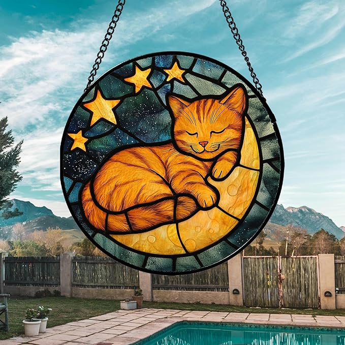 AMDERVEN Stained Glass Window Hanging - Orange Cat Sun Catcher for Door Home Decor Stars and Moon Suncatcher Christmas Mother's Day Birthday Loss of a Pet Gifts for Women Men Mom Nana 7.8 in