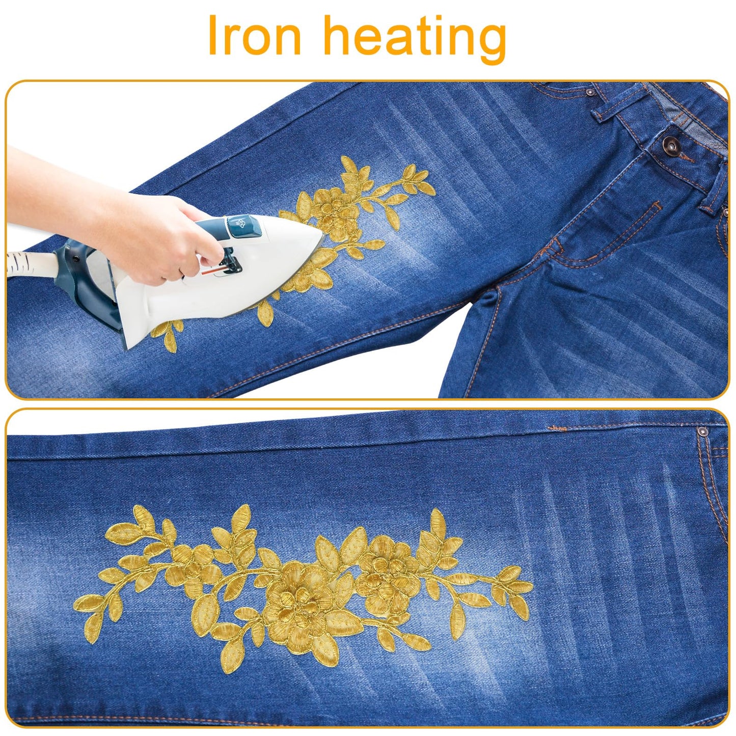 Gnognauq 12Pcs Gold Flower Iron on Patches Embroidery Applique Sewing Fabric Gold Lace Sew on Patch for Dress Jeans Clothes