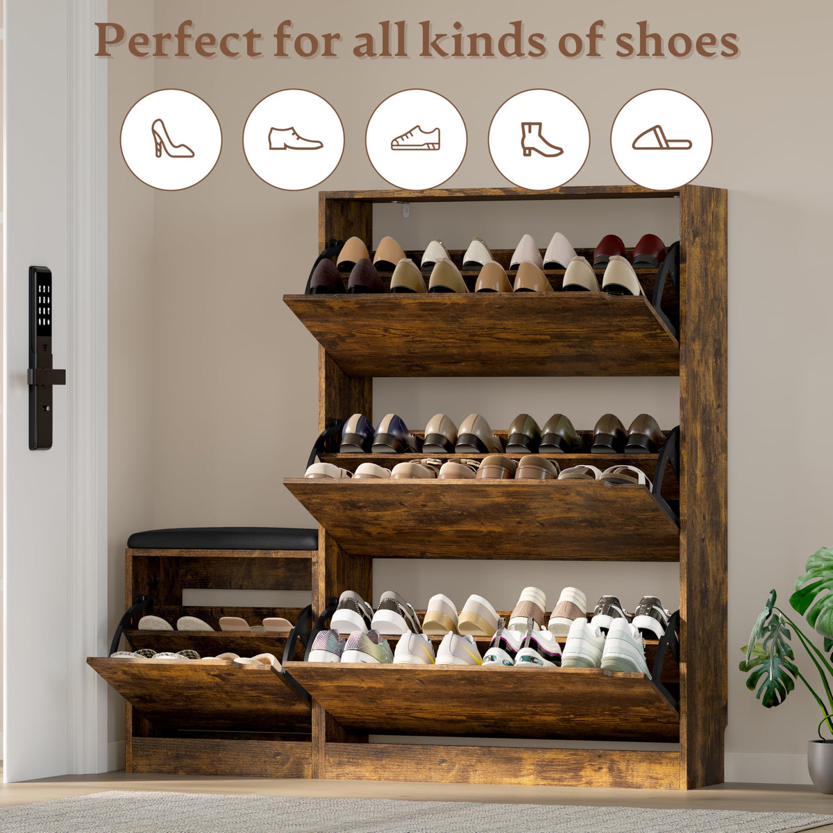 Shoe Cabinet with Bench and 3 Flip Drawers
