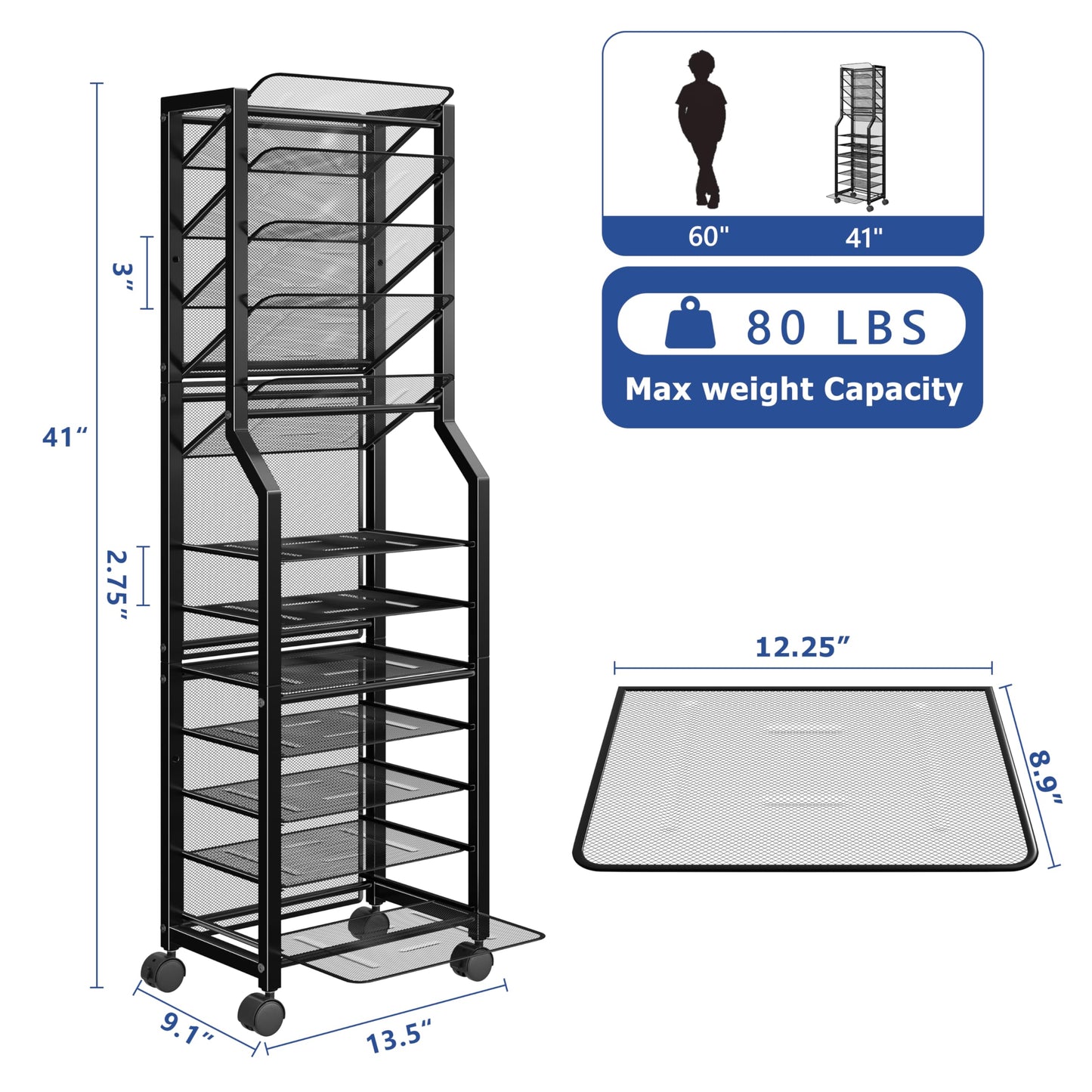 Simple Trending 12 Tier Rolling File Cart, Desk File Organizer with Sliding Trays and Metal Mesh Paper Letter Storage Multi Functional Rolling Clutter Cart for Office, Home, School, Black