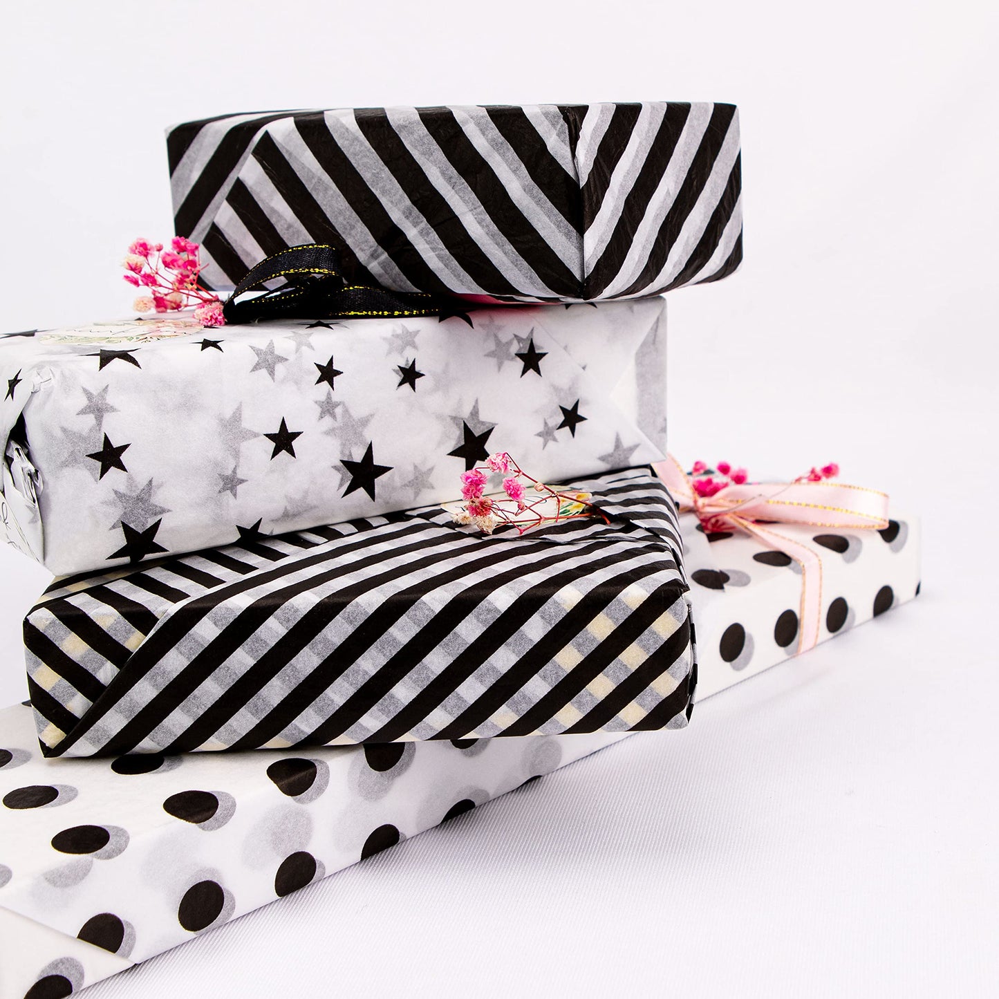 MR FIVE 60 Sheets 20" X 28" White and Black Tissue Paper Bulk,4 Styles Black Tissues Paper for Gift Wrapping,Gift Bags,Birthday,Star Stripes Polka Dots Pattern