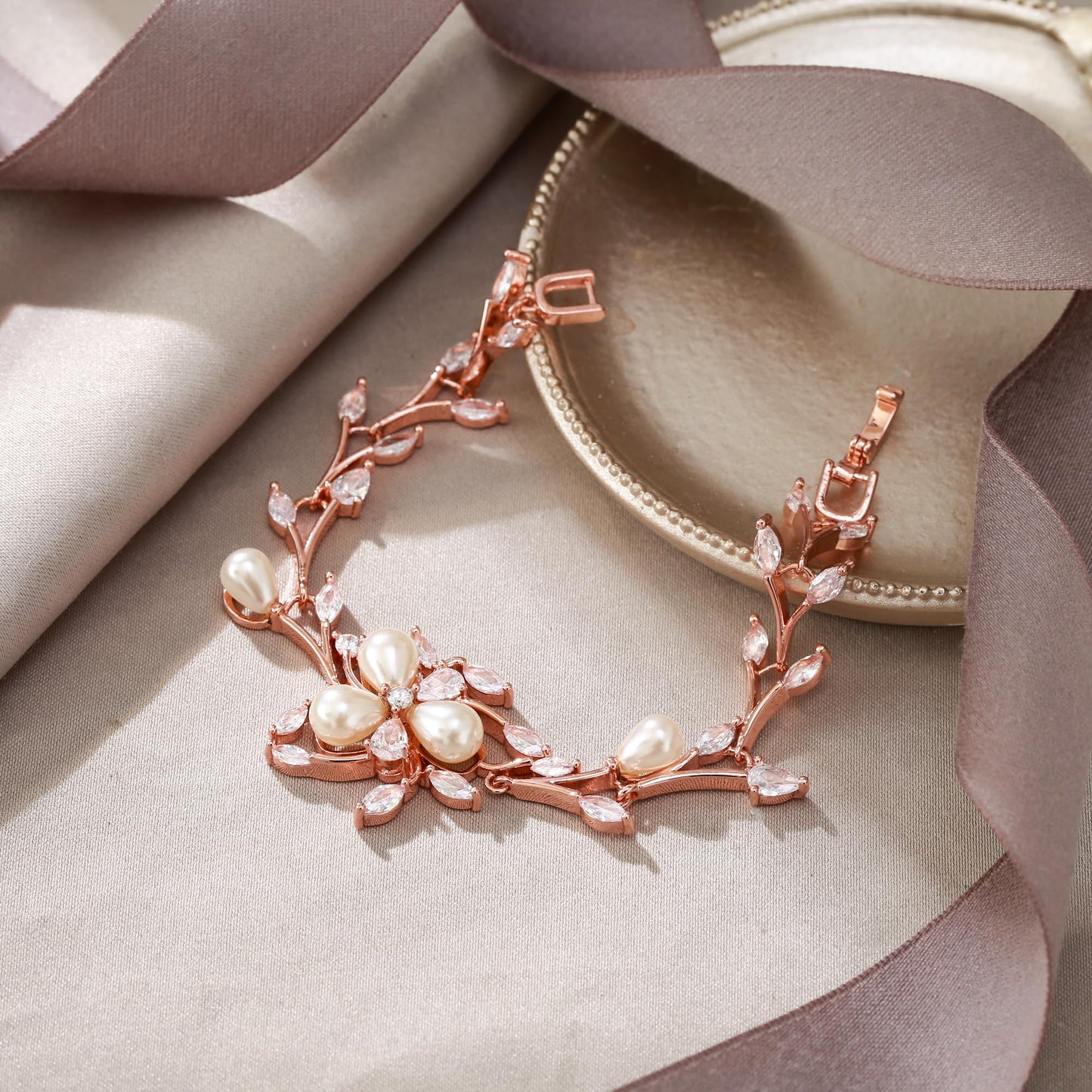 EVER FAITH Women's CZ Simulated Pearl Wedding Flower Leaf Filigree Tennis Bracelet Clear Rose Gold-Plated-Brass