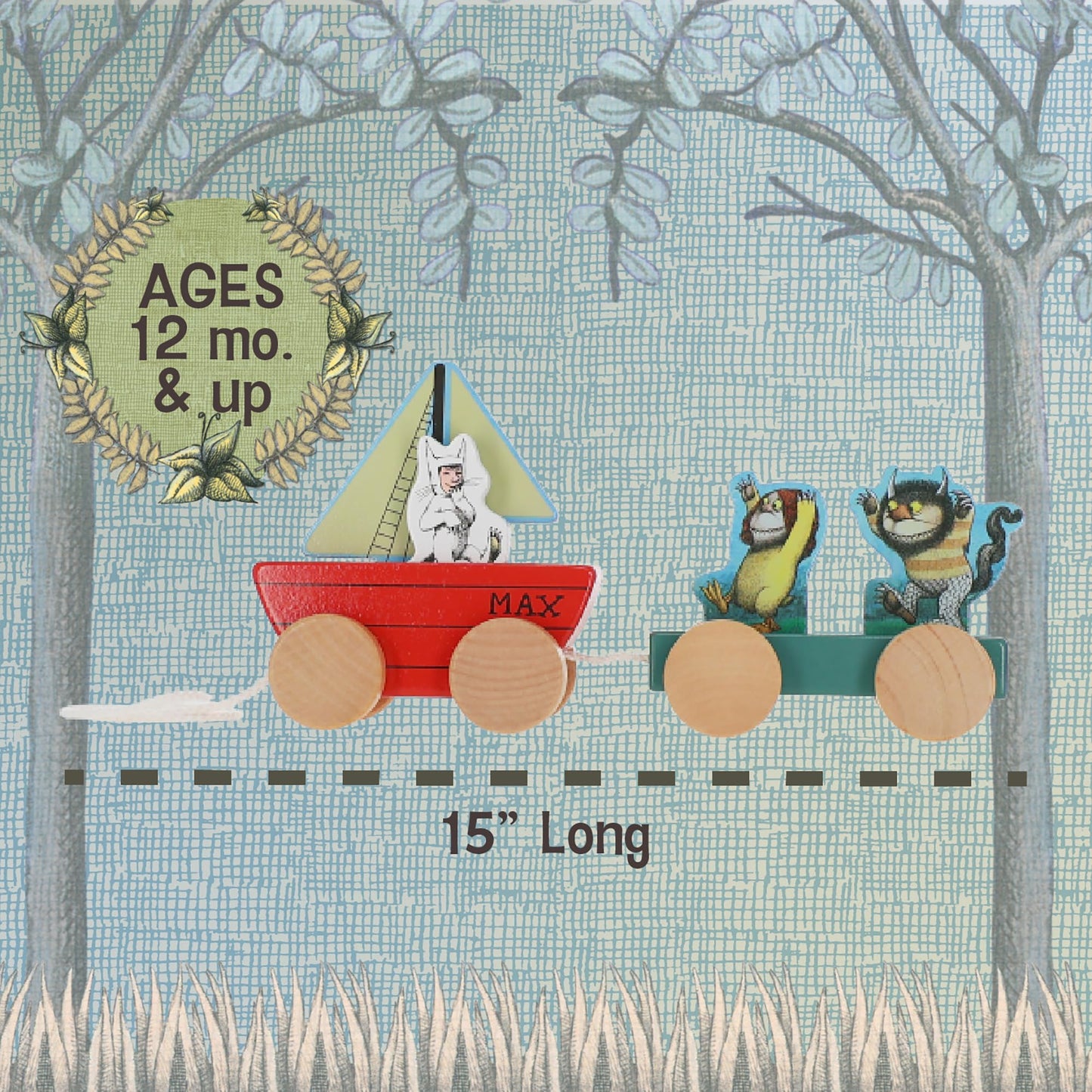 Kids Preferred Where The Wild Things are Wooden Pull Toy - Four Removable Pieces, Cotton Pull String, Ages 12 Months and Up, Max Moishe and Tzippy, Solid Wood, 8 in