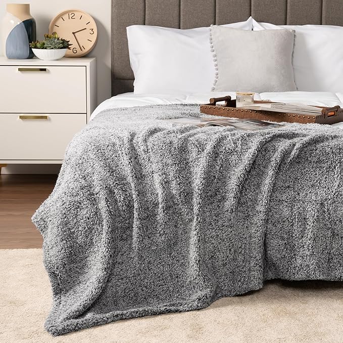 PAVILIA Sherpa Throw Blanket for Couch Sofa, Heather Grey Fluffy Warm Plush Blanket for Twin Bed, Cozy Super Soft Lightweight Throw, Fuzzy Decorative Blanket, All Season Home, 60x80