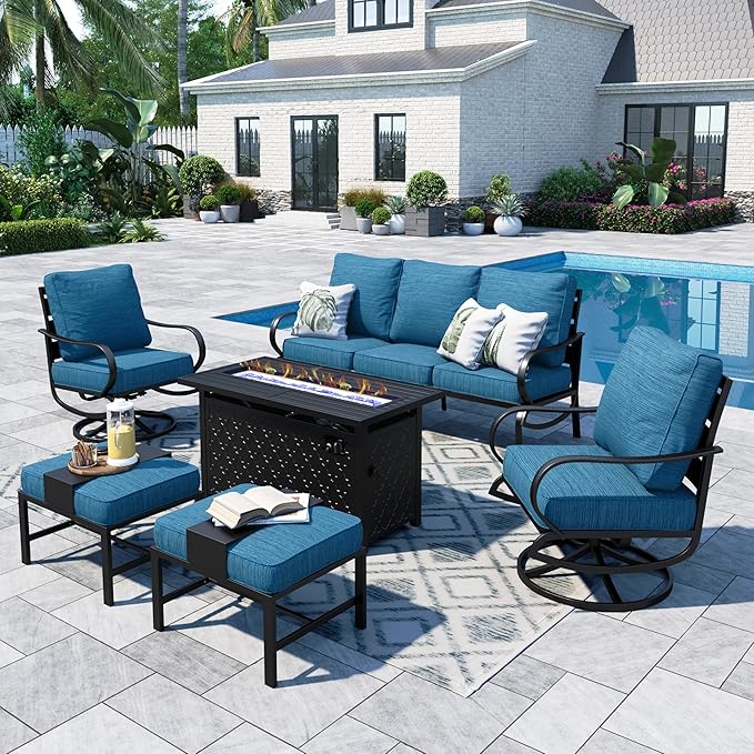 Sophia & William Patio Furniture Sets with 45" Gas Fire Pit Table for 7 Outdoor Conversation Sets 6 Pcs, 2 x Swivel Cushioned Sofa Chairs, 1x3-Seat Sofa, 2xOttomans for Backyard Poolside Peacock Blue