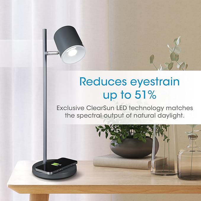 OttLite LED Desk Lamp with Wireless Charger, Good Housekeeping, Modern Book Light, Reading Light, Adjustable, Dimmable, Designed to Reduce Eyestrain, Great Desk Lamps for Home Office