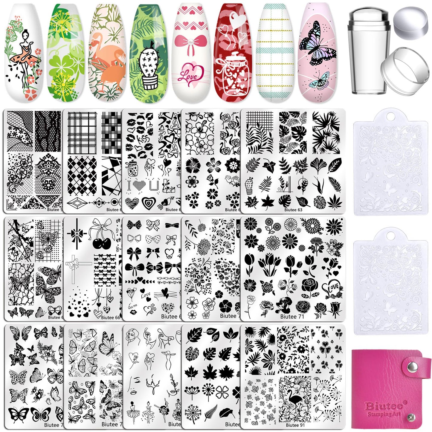 Biutee Nail Stamping Plates Set 15PCS Nail Stamper Kit with Nail Stamper, 2pcs Scraper & Storage Bag Nail Art Stamping Plates Butterfly Star Flower Leaf Bowknot Design Nail Stamping Kit