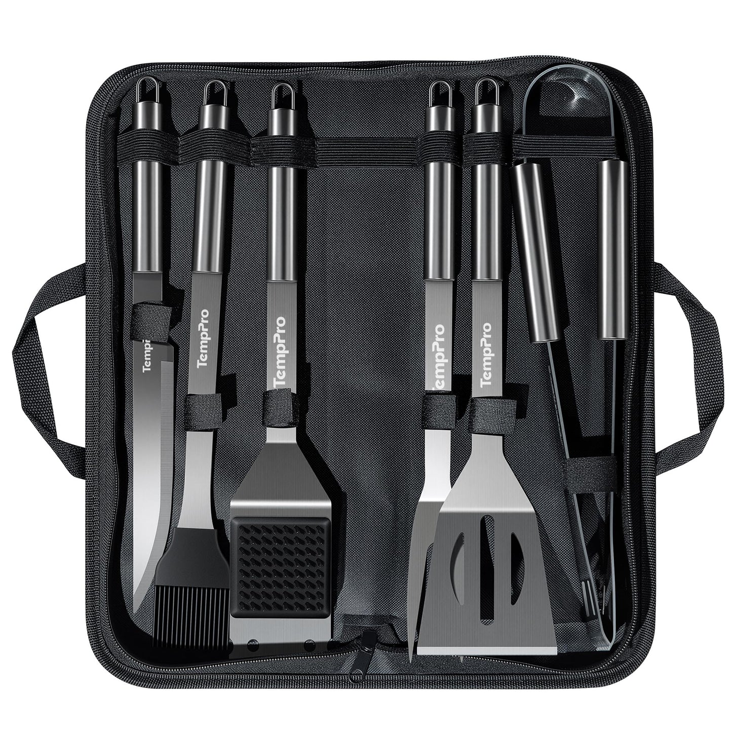 TempPro Grilling Accessories Grill Set with Spatula, Fork, Brush & Tongs, Heavy Duty Stainless Steel Grill Tools for Camping Burger, BBQ Accessories for Men Dad Him (Previously ThermoPro)