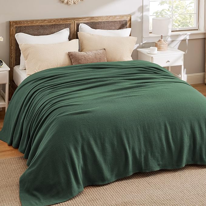 Bedsure 100% Cotton Blanket King Size for Bed - Breathable and Lightweight, Soft Cozy Textured Herringbone Woven Blanket for Summer Spring, Dark Green, 108x90 inches