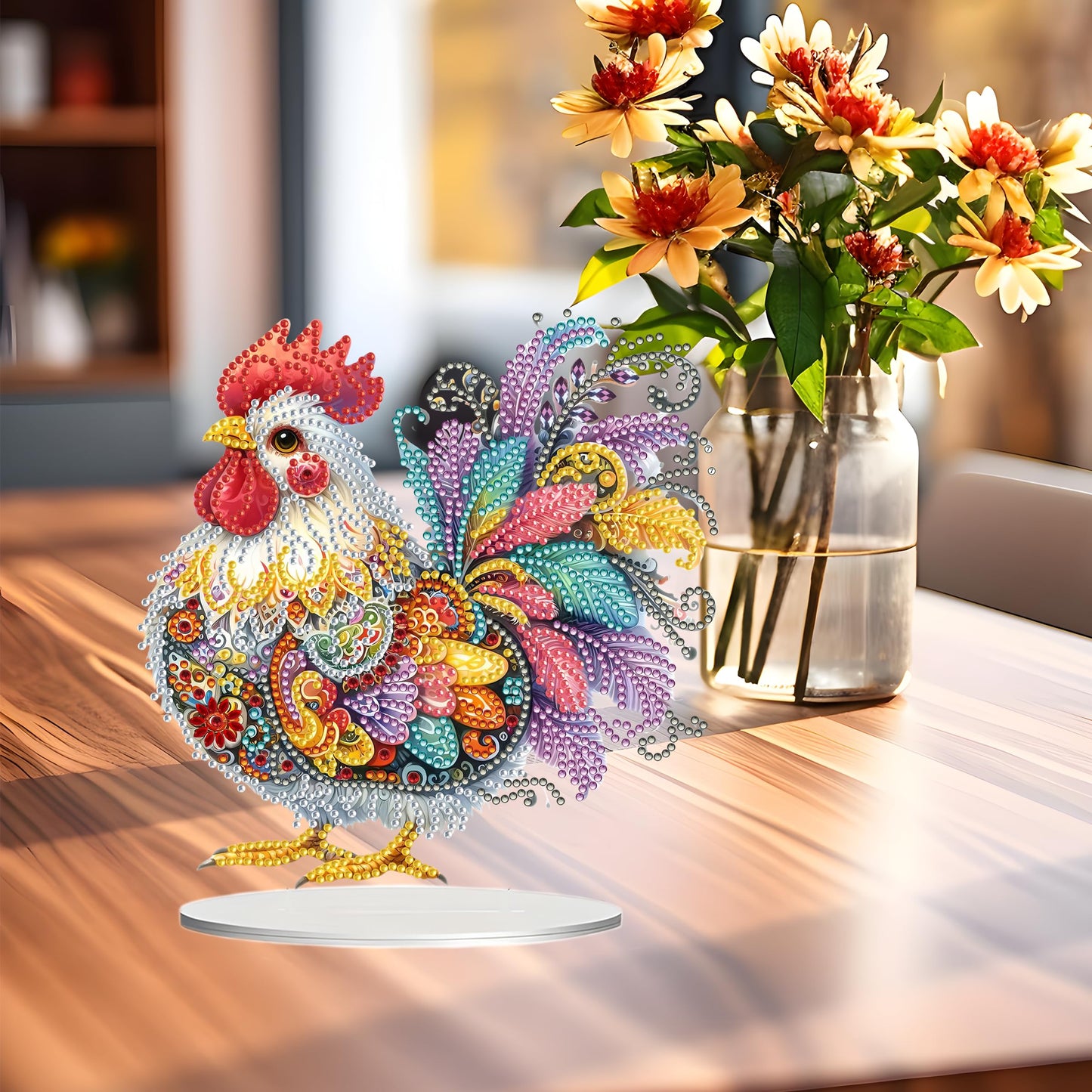 JJFox DIY Tabletop Diamond Art Painting Kit，Special Shaped Rhinestone Desk Placement Ornament，Home Stand Up Gem Painting Craft Kit，Gift,Double Sided. (Rooster-1)