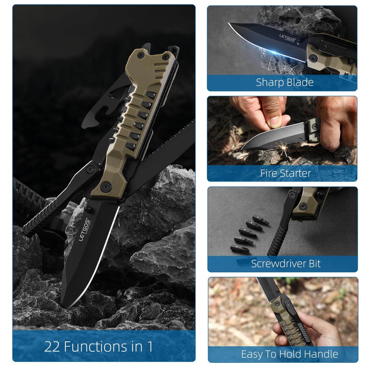 LETGOS Multi Pocket Knife, 22 in 1,Survival Gear EDC Tools with Nylon Sheath, Emergency, Camping, Hiking, Hunting, Gift for Men Women (Desert Gray)