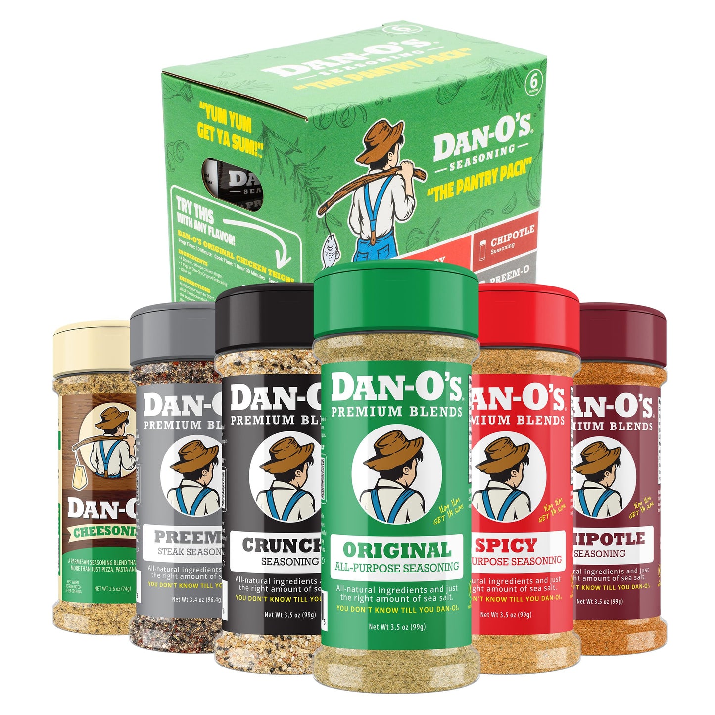 Dan-O's 6 Bottle Seasoning Set, Small Bottles, 6 Pack, Includes Original, Spicy, Chipotle, Crunchy, Cheesoning and Preem-O Seasonings, Sugar Free, Zero Calorie, All-Purpose Seasoning Kit