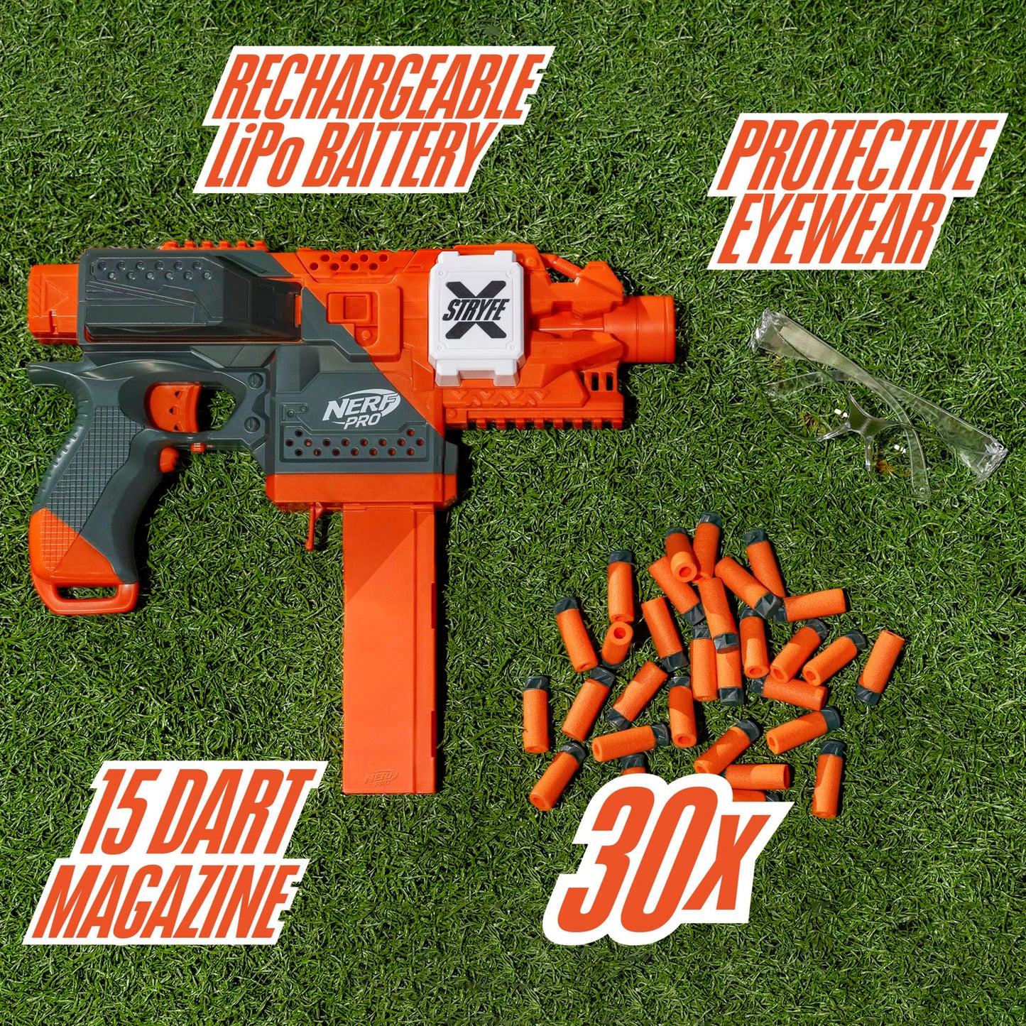 NERF Pro Stryfe X Dart Semi-Auto Blaster, Rechargeable LiPo Battery, 30 AccuStrike Half-Length Darts, 15-Dart Magazine, 150 FPS, Eyewear, 14+ (Amazon Exclusive)