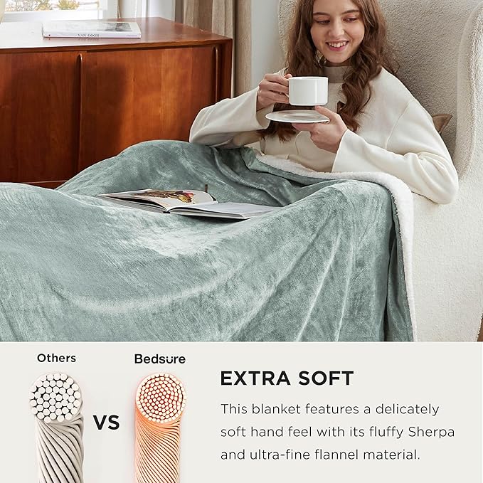 Bedsure Sherpa Fleece Oversized Cal King Blankets for Bed - Thick and Warm, Soft Fuzzy Plush Large Blanket for Winter, Sage Green, 112x98 Inches