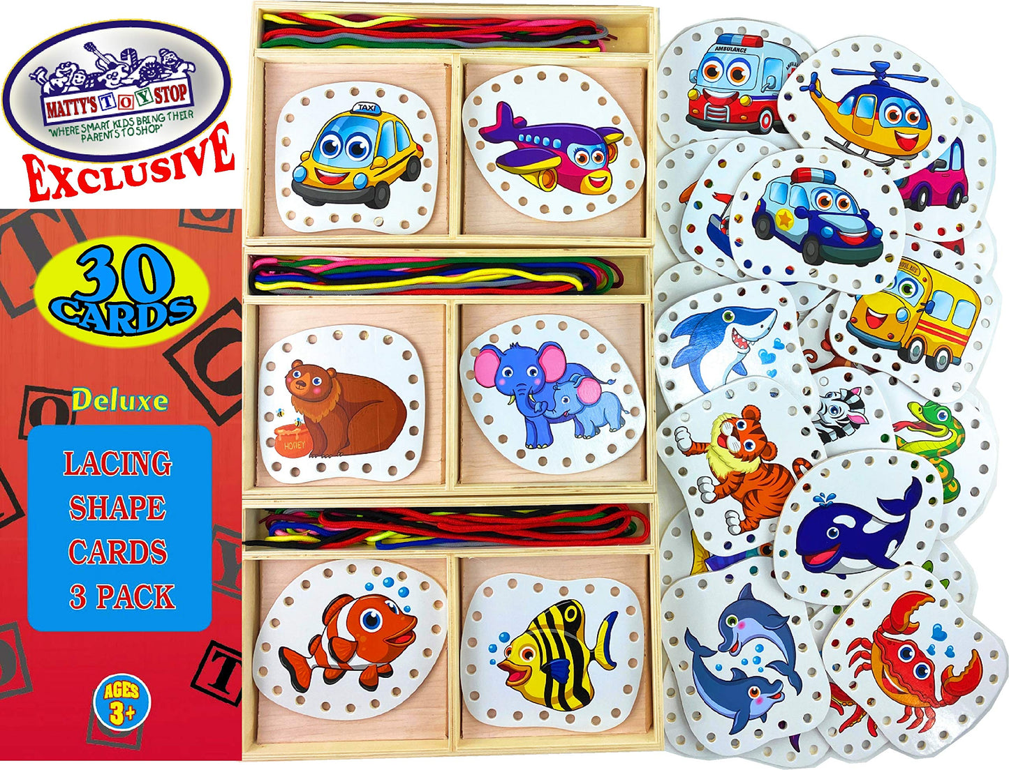 Matty's Toy Stop Deluxe Lacing Shapes (10 Count) Vehicles, Fish & Jungle Animals Educational Gift Set Bundle - 3 Pack (30 Shapes Total)