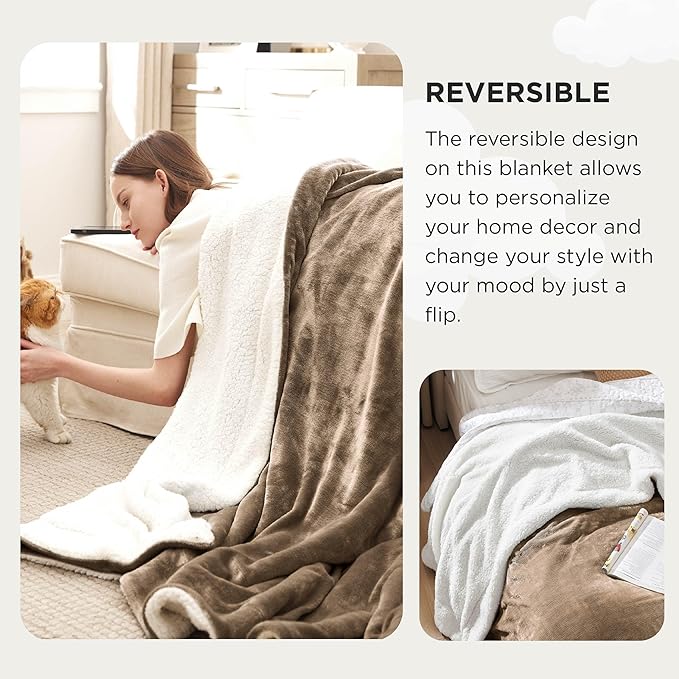 Bedsure Sherpa Fleece Oversized Cal King Blankets for Bed - Thick and Warm, Soft Fuzzy Plush Large Blanket for Winter, Camel, 112x98 Inches