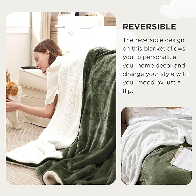 Bedsure Sherpa Fleece Oversized Cal King Blankets for Bed - Thick and Warm, Soft Fuzzy Plush Large Blanket for Winter, Olive Green, 112x98 Inches